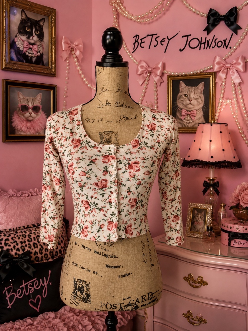 Vintage Betsey Johnson Pink Rose Print Cropped Cardigan
